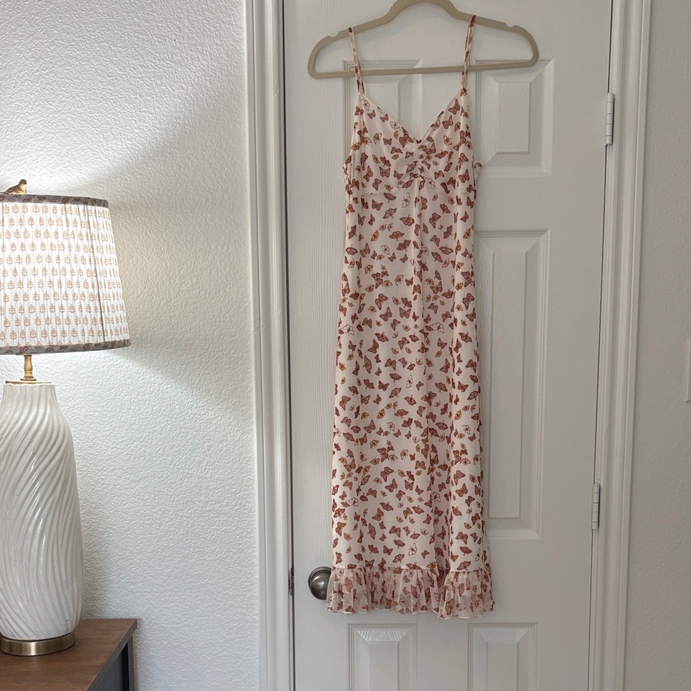 Ultra Flirt Cream Midi Dress with Rust Butterfly Print